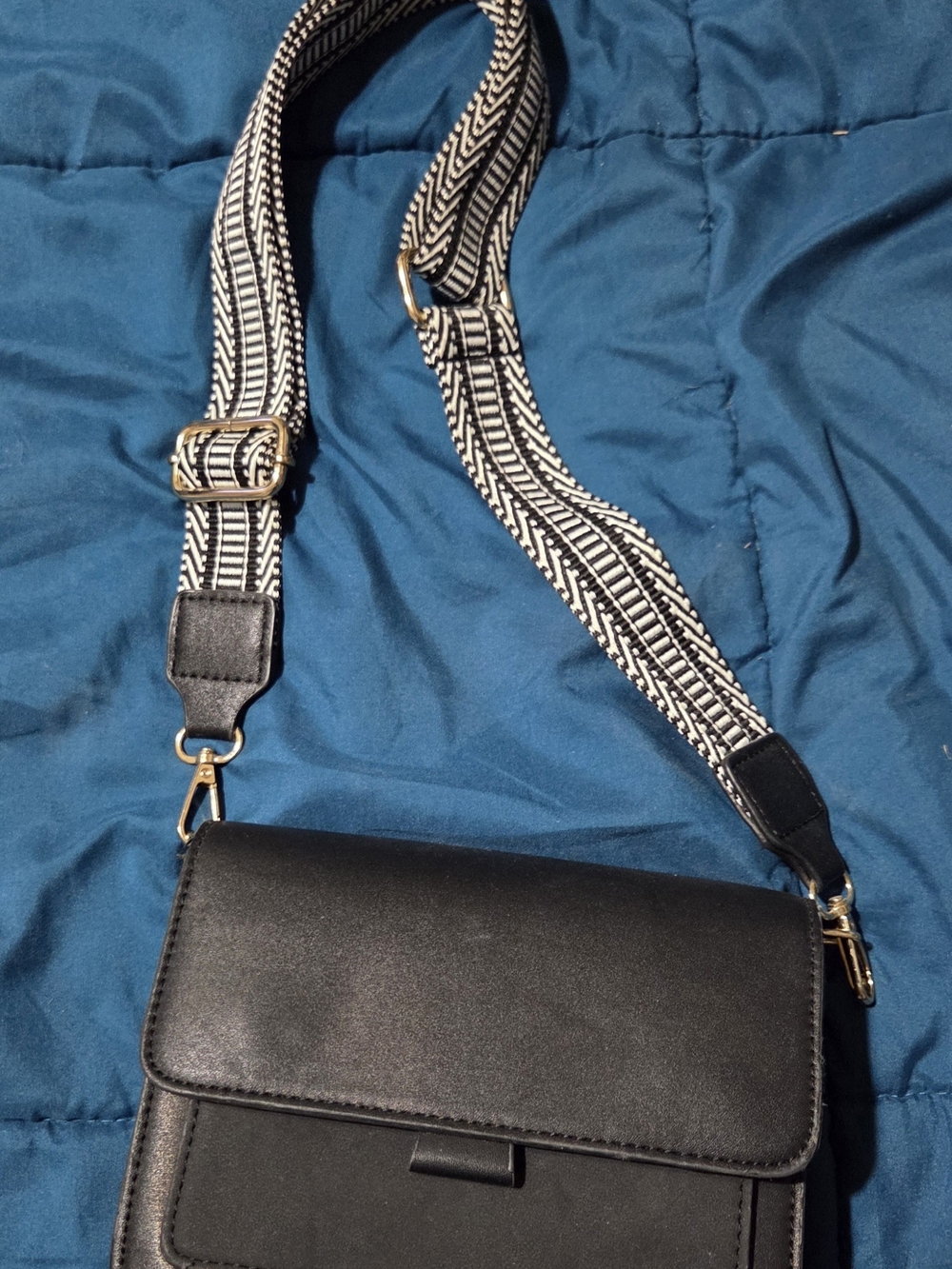 Black Crossbody Bag with Patterned Adjustable Strap